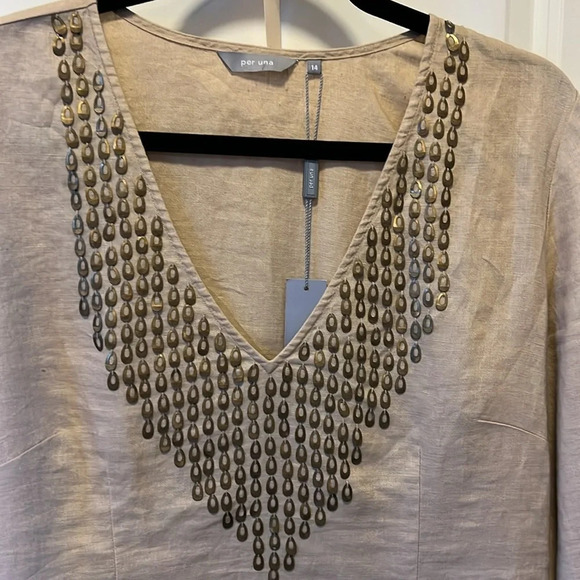 NWT Per Una Tan Long Sleeve Linen Top with Brass Embellishments - Picture 2 of 10